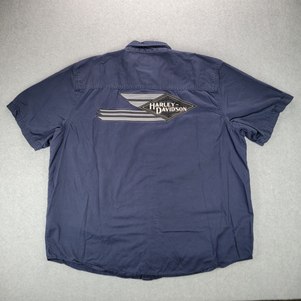 Harley-Davidson Button Up Shirt Mens 2XL Navy Blue Short Sleeve Back Patch Logo‎